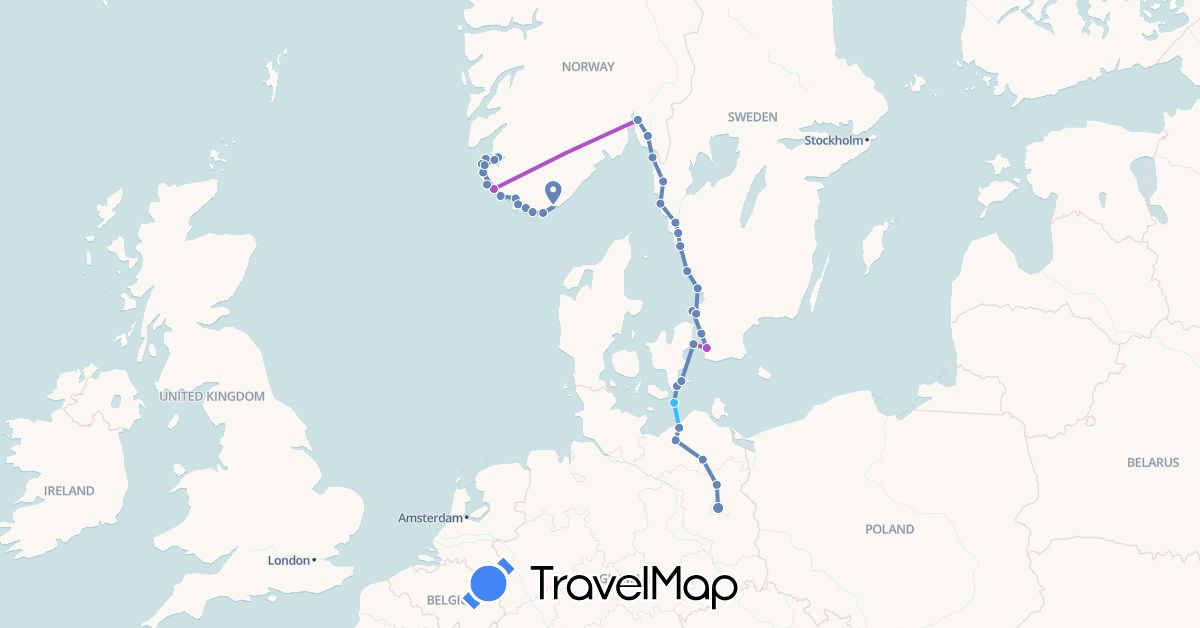 TravelMap itinerary: driving, cycling, train, boat in Germany, Denmark, Norway, Sweden (Europe)